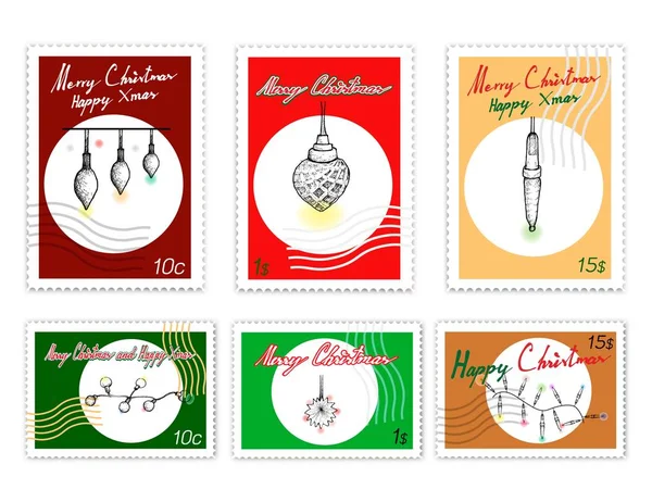 Merry Xmas Post Stamps Set Illustration Hand Drawn Sketch Various — Stock Vector