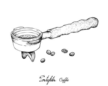 Kahve saati, resimde çizilmiş kroki Metal Portafilter içinde kavrulmuş kahve çekirdekleri veya Espresso makinesi filtre sahibi el.