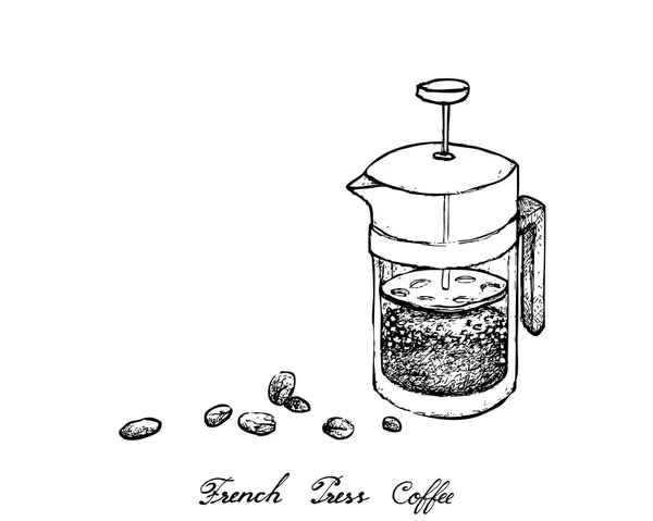 フランス語を押すポットまたはカフェティ エール ピストン フランスの伝統的なコーヒー メーカーとコーヒー豆のイラスト手描きスケッチ — ストックベクタ