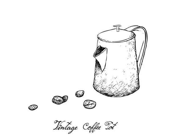 白い背景に分離されたヴィンテージの金属鍋でコーヒー豆のイラスト手描きのスケッチ コーヒーを醸造するために使用する器具 — ストックベクタ