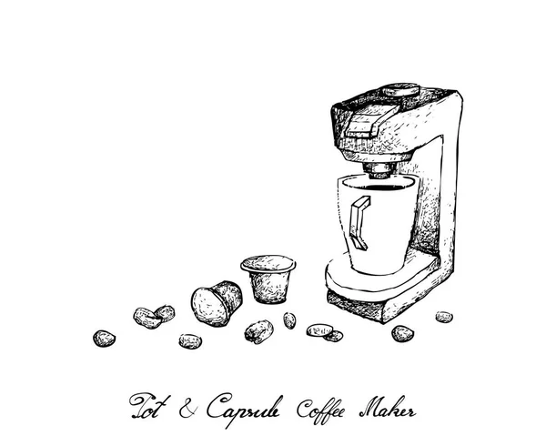 コーヒー豆やポッドや白い背景で隔離のエスプレッソ マシンとカプセルのイラスト手描きスケッチ アプライアンスのコーヒーを醸造するために使用 — ストックベクタ