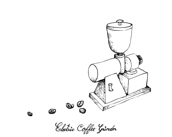イラスト電動コーヒーミルとコーヒー豆の焙煎の描かれたスケッチを手やミルは 白い背景で隔離のバリ — ストックベクタ