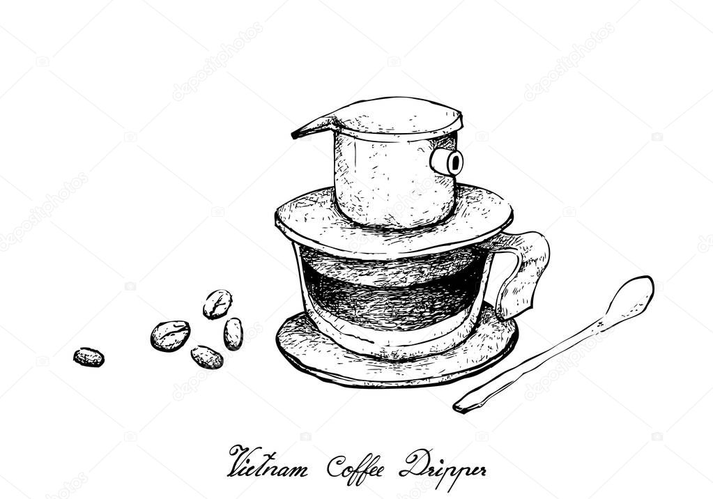 Illustration Hand Drawn Sketch of Coffee Beans with Vietnam Coffee Dripper, A Vietnamese Traditional Coffeemaker.