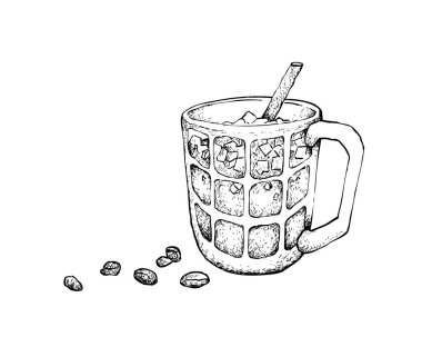 İçki ve yiyecek, İçecek, buzlu kahve ve buzlu Teaisolated beyaz bir arka plan üzerinde resimde elle çizilmiş kroki.