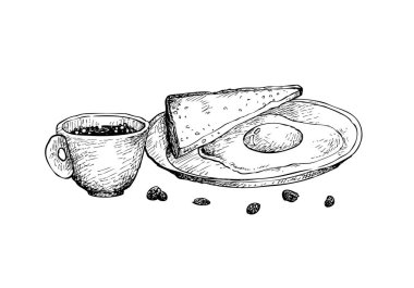 Kahve saati, illüstrasyon eliyle çizilmiş kroki bir fincan sıcak kahve servis kahvaltı kızarmış yumurta üzerinde izole beyaz arka plan. 