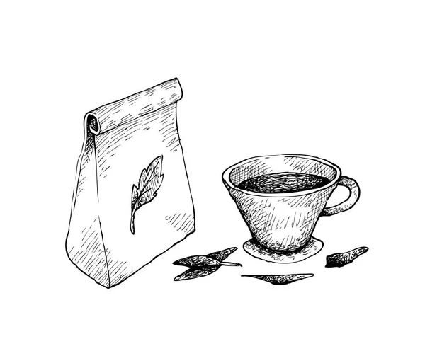 ティーバッグとカップのイラスト手描きのスケッチ お茶は非常に栄養価の高い さわやかなドリンク — ストックベクタ