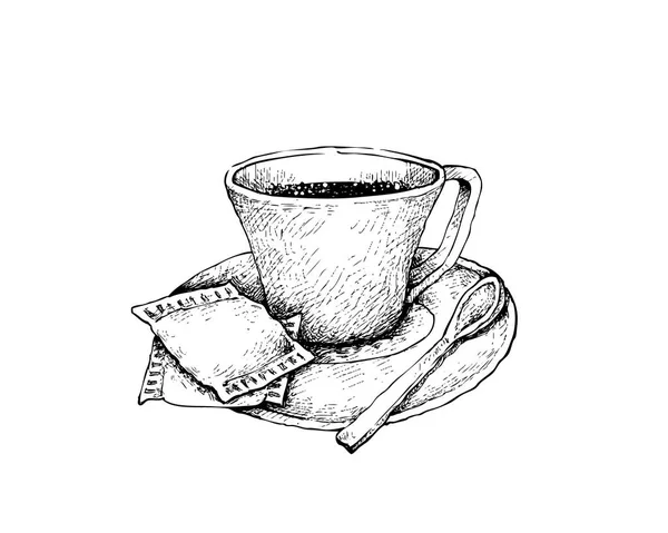 Иллюстрация Ручной Рисунок Эскиз Кофейной Кружки Жареным Кофе Бин Изолированы — стоковый вектор