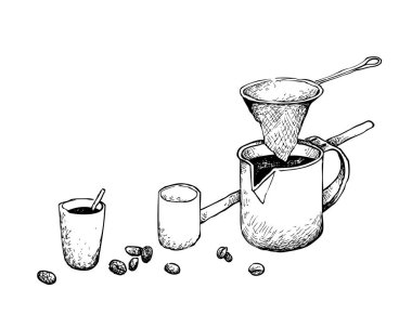 Çin çay ve kahve yapmak için kullanılan Çin kahve ekipmanları ile fasulye illüstrasyon elle çizilmiş kroki.