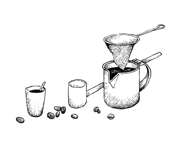 Ilustración Dibujado Mano Boceto Frijoles Con Equipo Café Chino Utilizado — Vector de stock