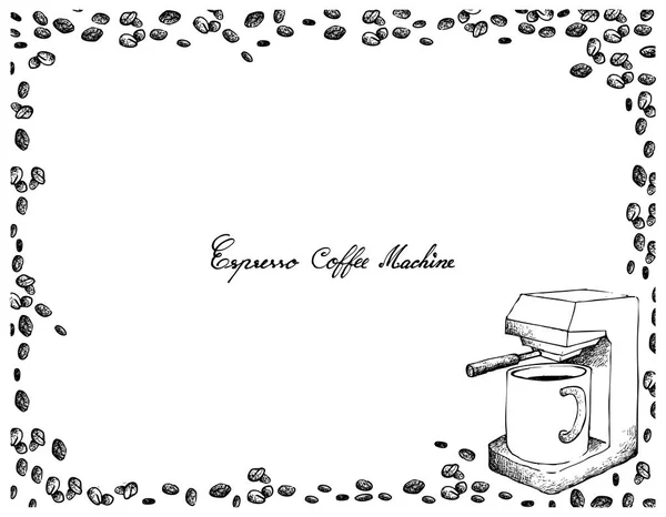 Illustration Croquis Dessiné Main Grains Café Avec Machine Expresso Isolés — Image vectorielle