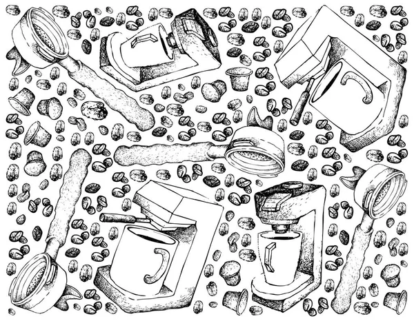 在白色背景中分离的咖啡豆手绘素描背景 一种用于酿造咖啡的家电 — 图库矢量图片