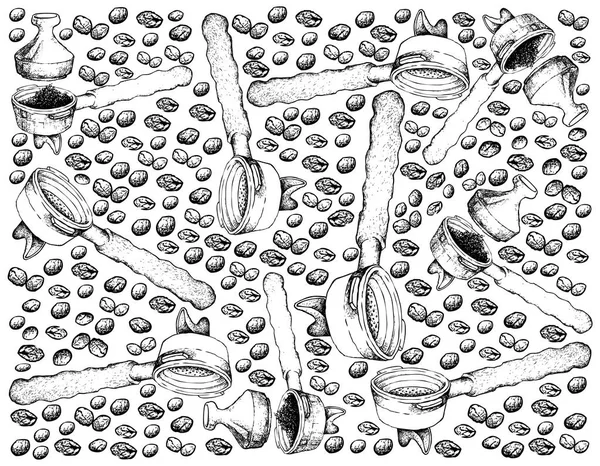 Kaffe Tid Illustration Tapet Bakgrund Handritad Skiss Rostade Kaffebönor Metall — Stock vektor