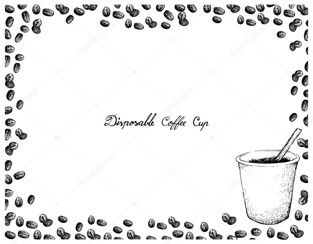 Coffee Time, Illustration Hand Drawn Sketch of Takeaway Coffee in A Disposable Cup with Roasted Beans Isolated on White Background.