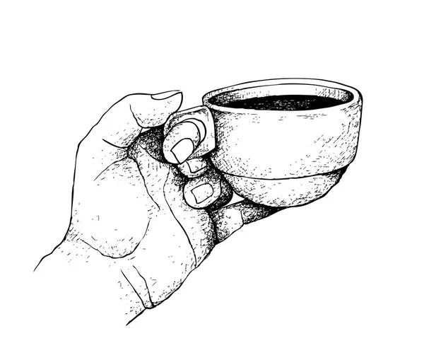 Kaffe Tid Illustration Handritad Skiss Hand Som Håller Kopp Kaffe — Stock vektor