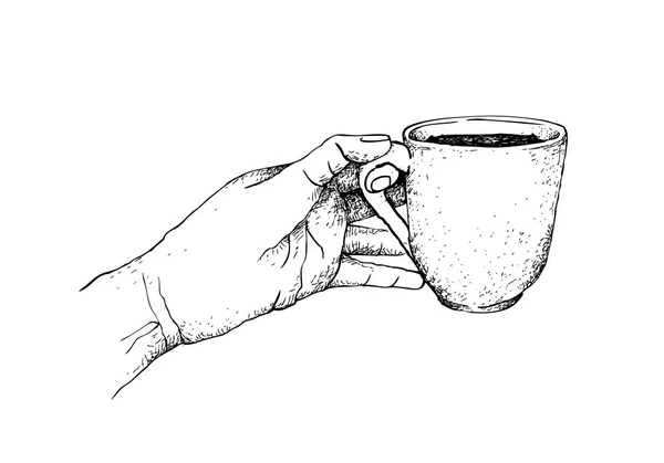 Temps Café Illustration Croquis Dessiné Main Main Tenant Une Tasse — Image vectorielle