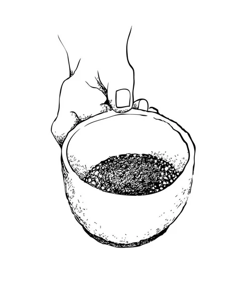 Caffè Tempo Illustrazione Disegnato Mano Schizzo Mano Che Tiene Una — Vettoriale Stock