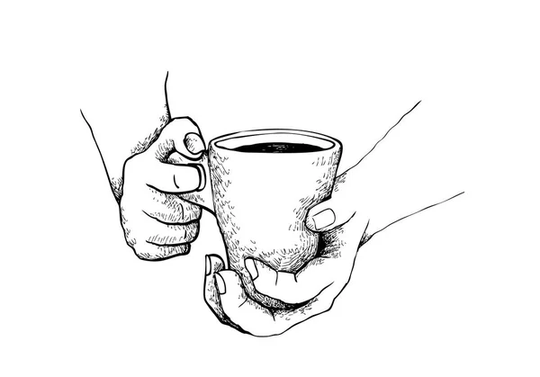 咖啡时间 说明手拿一杯在白色背景上隔离的咖啡的手绘素描 — 图库矢量图片