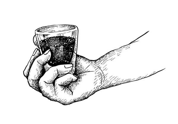 Hora Café Ilustração Esboço Desenhado Mão Mão Segurando Tiro Café — Vetor de Stock