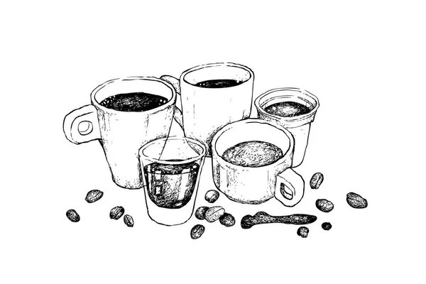 Ilustración Dibujado Mano Boceto Grupo Taza Café Taza Vaso Chupito — Vector de stock