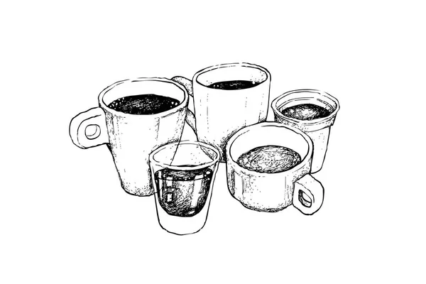 Illustration Handgezeichnete Skizze Einer Gruppe Von Kaffeetasse Becher Schnapsglas Und — Stockvektor