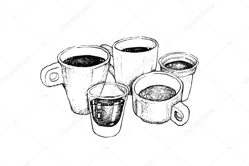 Illustration Hand Drawn Sketch of A Group of Coffee Cup, Mug, Shot Glass and Takeaway Coffee Isolated on White Background.