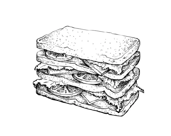 おいしい自家製のイラスト手描きスケッチ新鮮なベーコン トマト レタス チーズのサンドイッチは白い背景の分離 — ストックベクタ
