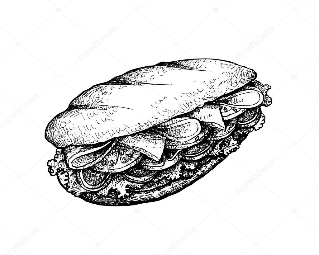 Illustration Hand Drawn Sketch of Delicious Homemade Freshly Baguette Sandwich with Ham, Tomatoes, Lettuce, Onion and Cheese Isolated on White Background