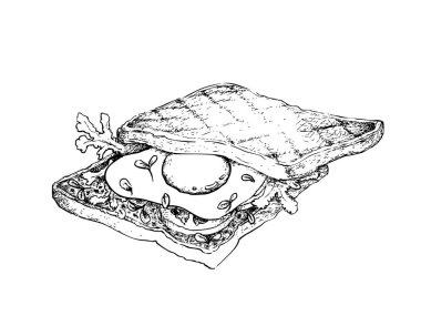 Illustration Hand Drawn Sketch of Delicious Homemade Freshly Toasted Sandwich with Fried Egg, Tometoes, Onion and Lettuce Isolated on White Background clipart