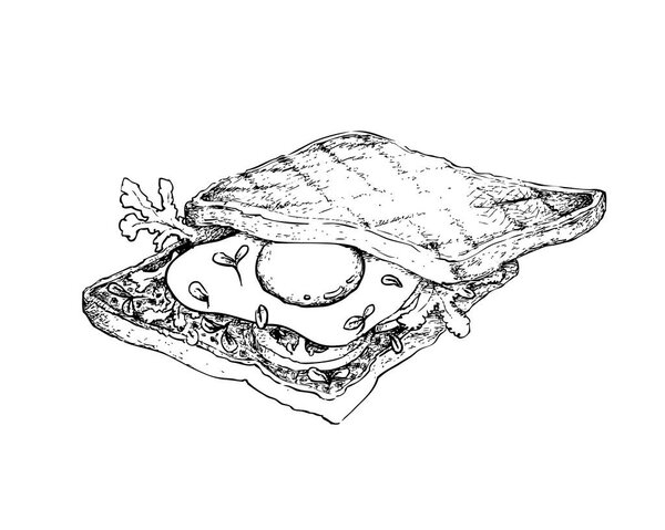 Illustration Hand Drawn Sketch of Delicious Homemade Freshly Toasted Sandwich with Fried Egg, Tometoes, Onion and Lettuce Isolated on White Background