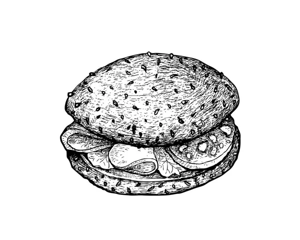 说明手绘美味自制新鲜健康全麦面包三明治与培根 奶酪和生菜隔离在白色背景 — 图库矢量图片