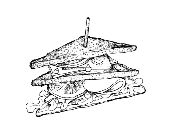 Illustration Handgezeichnete Skizze Von Leckeren Hausgemachten Frisch Gegrillten Club Sandwiches — Stockvektor