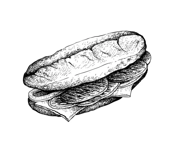 Ilustración Dibujado Mano Boceto Delicioso Sándwich Casero Recién Hecho Filete — Vector de stock