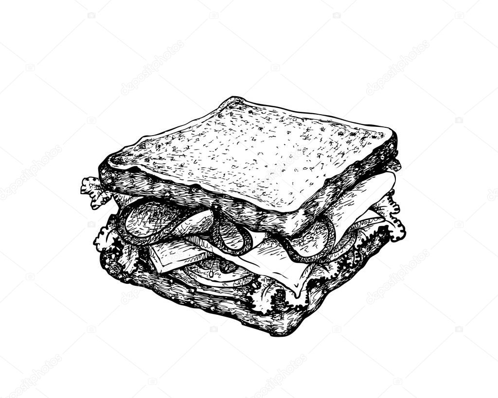 Illustration Hand Drawn Sketch of Delicious Homemade Freshly Ham Sandwich with Ham, Tomatoes, Lettuce and Cheese Isolated on White Background.