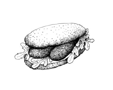 Resimde elle çizilmiş kroki lezzetli ev yapımı taze baget sandviç sosis, domates, marul, soğan ve peynir ile beyaz arka plan üzerinde izole.