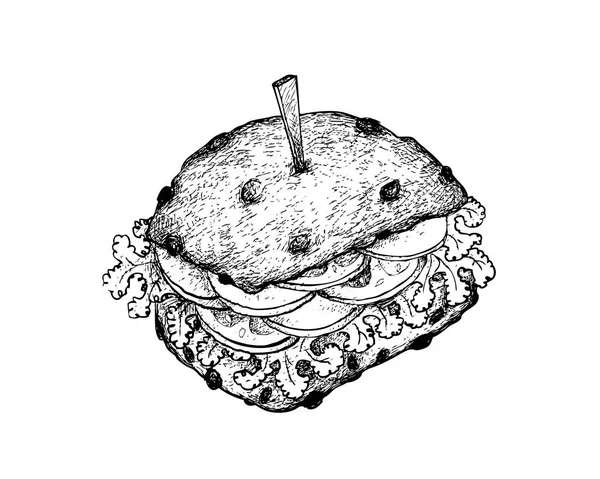 샌드위치 베이컨 양상추 토마토 치즈와 양상추 배경에 고립의 손으로 스케치 — 스톡 벡터