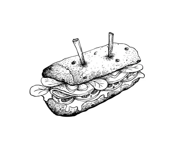 Ilustrasi Hand Drawn Sketch Delicious Homemade Freshly Baguette Sandwich Ham - Stok Vektor