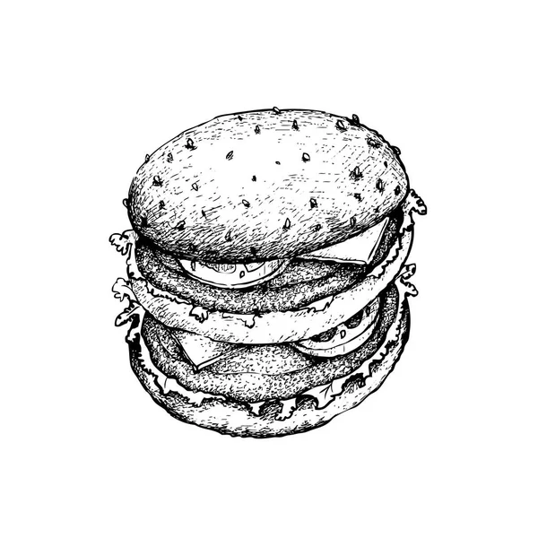 Illustrazione Schizzo Disegnato Mano Deliziosa Hamburger Manzo Con Lattuga Pomodoro — Vettoriale Stock