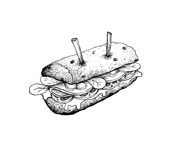 おいしい自家製のイラスト手描きスケッチ新鮮なハム トマト レタス オニオン チーズとバゲットのサンドイッチは白い背景の分離 — ストックベクタ