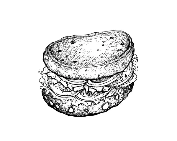 ベーコン レタス トマト チーズ レタスの白い背景で隔離のおいしい自家製新鮮な健康的な全粒粉パン サンドイッチのイラスト手描きスケッチ — ストックベクタ