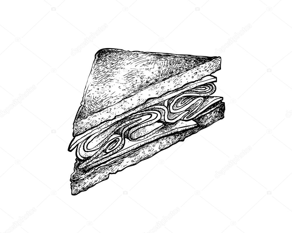 Illustration Hand Drawn Sketch of Delicious Homemade Freshly Club Sandwiches or Clubhouse Sandwiches Isolated on White Background
