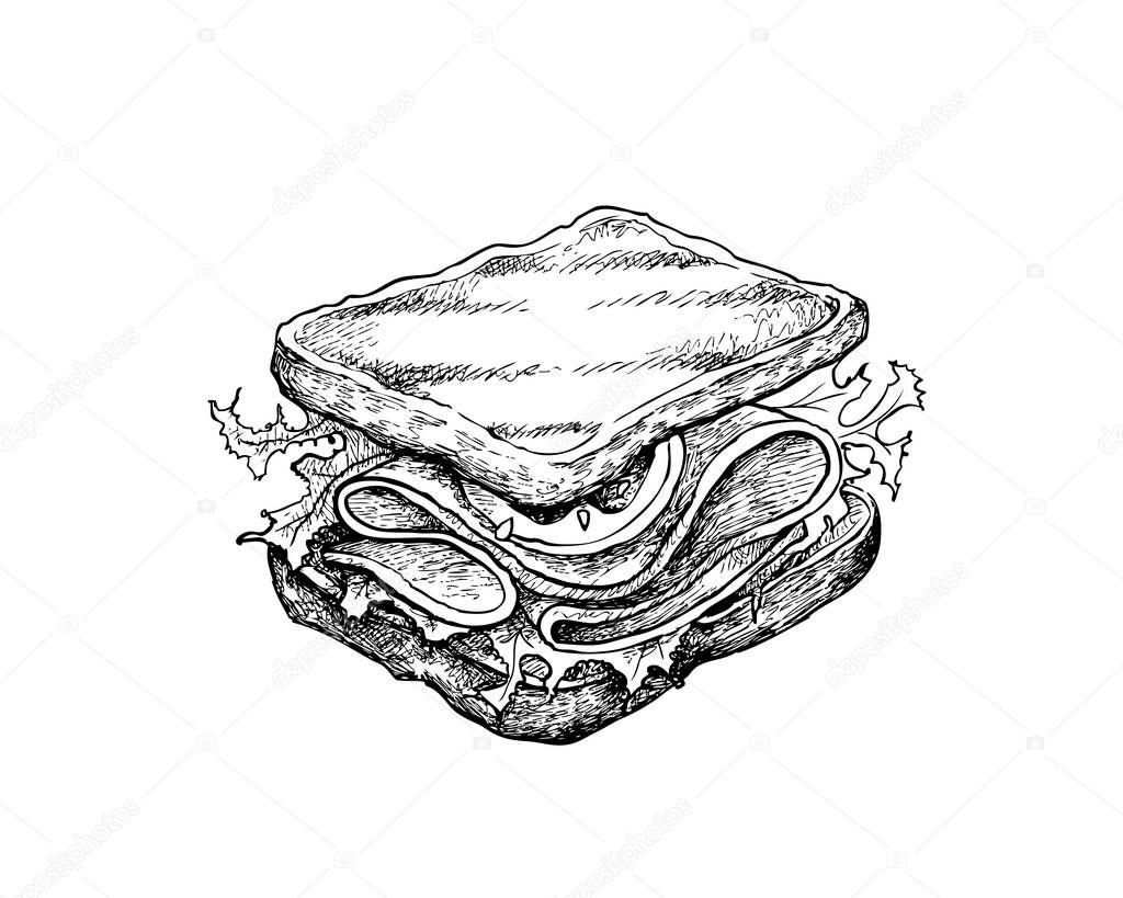 Illustration Hand Drawn Sketch of Delicious Homemade Freshly Sandwich with Bacon, Tomatoes, Lettuce and Cheese Isolated on White Background