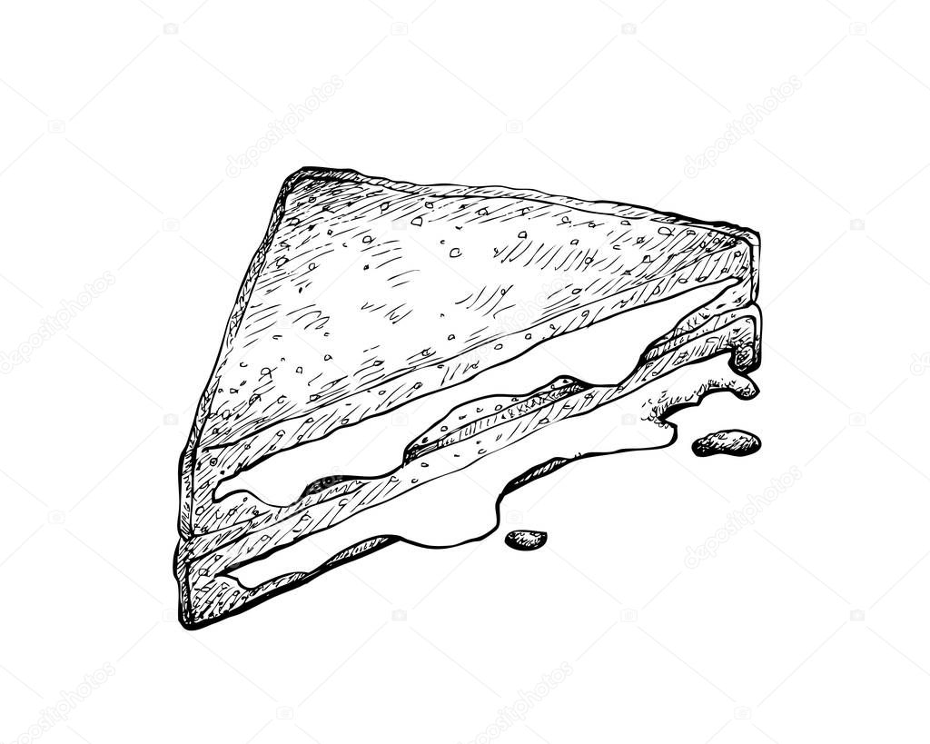 Illustration Hand Drawn Sketch of Delicious Homemade Freshly Grilled Cheese Sandwich Isolated on White Background.