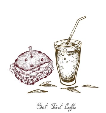 Ama Frist kahve, illüstrasyon lezzetli domuz Burgery marul, domates, soğan ve peynir buğday ekmeği ve buzlu kahve veya buzlu çay ile çizilmiş kroki el