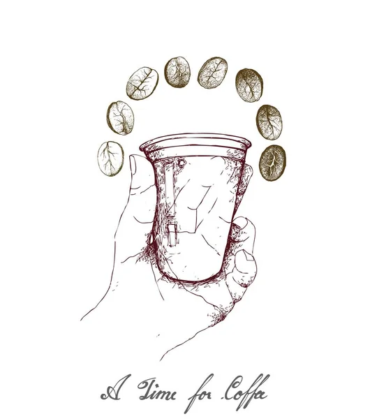 コーヒー 各種ロースト コーヒー豆ホワイト バック グラウンドの分離と使い捨てのカップでテイクアウト コーヒーを持っている手のイラスト手描きスケッチのための時間 — ストックベクタ