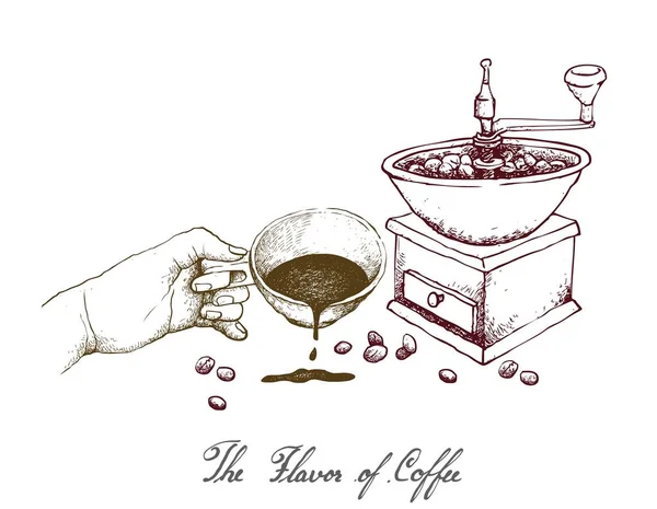 Saveur Café Illustration Esquisse Dessinée Main Main Tenant Une Tasse — Image vectorielle