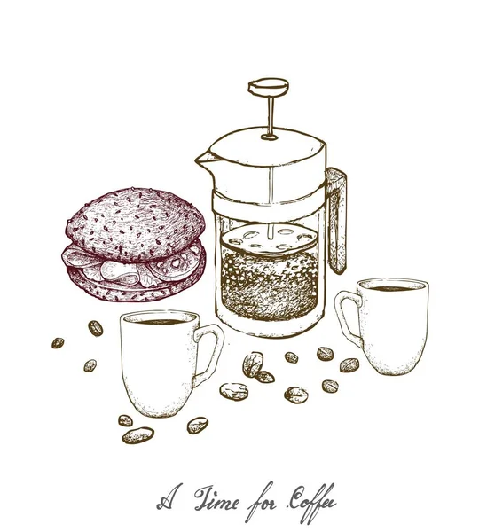 Time Coffee Illustration Hand Drawn Sketch Whole Grain Bread Sandwich — Stock Vector
