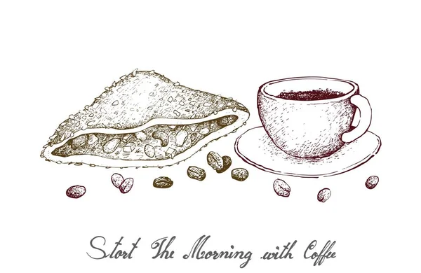 开始早晨与咖啡 插图手绘一杯咖啡与自制的脆皮三明治与甜玉米和豆子隔离在白色背景下的咖啡的插图手绘素描 — 图库矢量图片