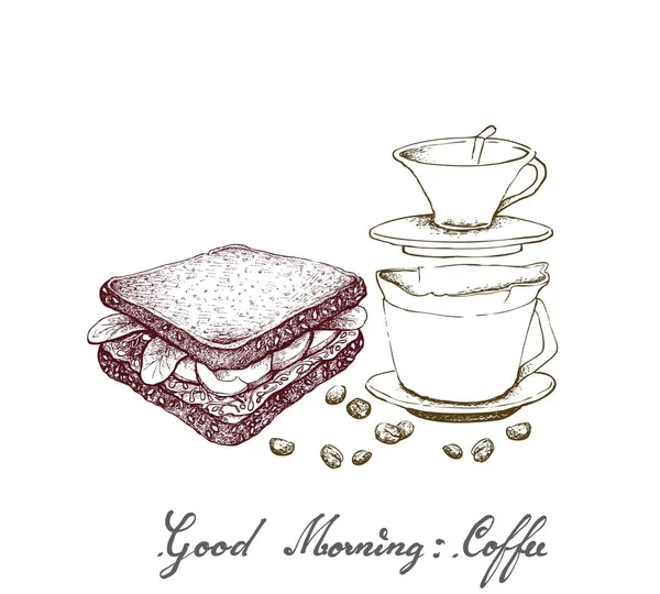 Good Morning Illustration Hand Drawn Sketch Coffee Beans Dengan Drip - Stok Vektor