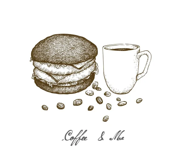 Caffè Illustrazione Disegnato Mano Schizzo Una Tazza Caffè Con Burger — Vettoriale Stock