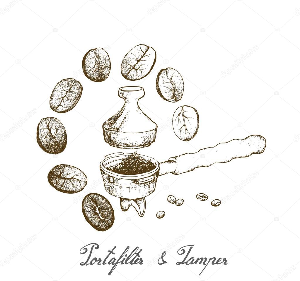 Coffee Time, Illustration Hand Drawn Sketch of Roasted Coffee Beans in Metal Portafilter or Filter Holder and Tamper of Espresso Machine with Assorted Roasted Coffee Beans